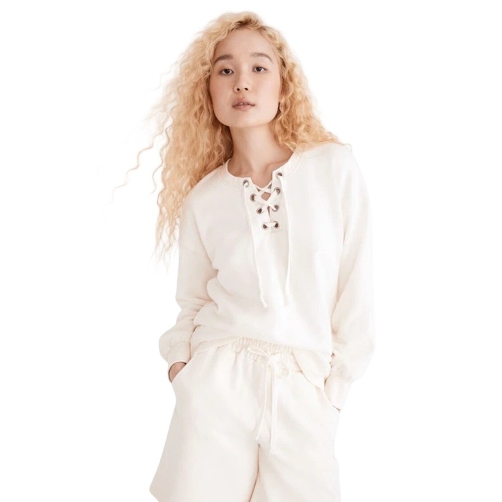 Madewell Lace-Up Cotton Knit Sweater Cream Off-White XS